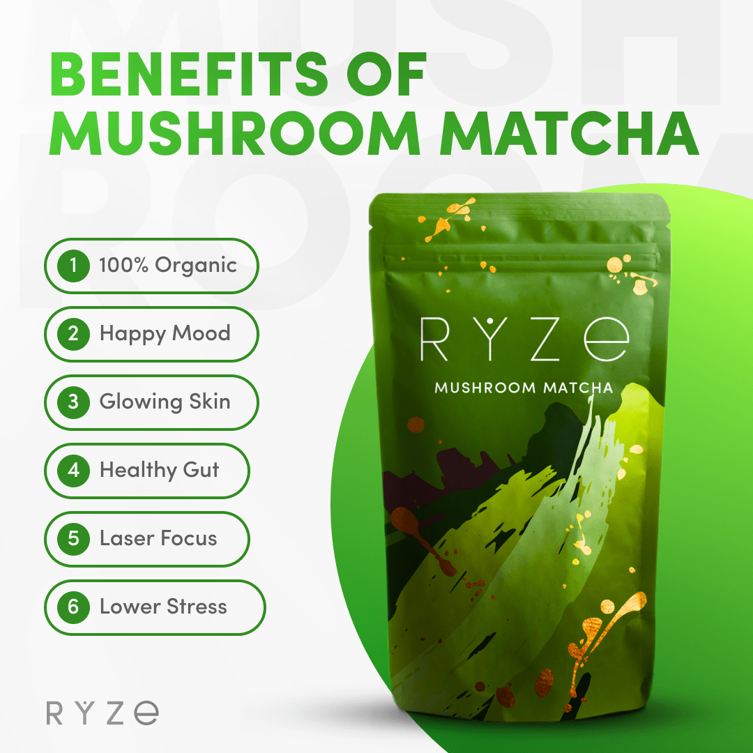 RYZE Mushroom Matcha - with 6 Organic Adaptogenic Mushrooms Grown In USA and Ceremonial-Grade Japanese Matcha - D62X