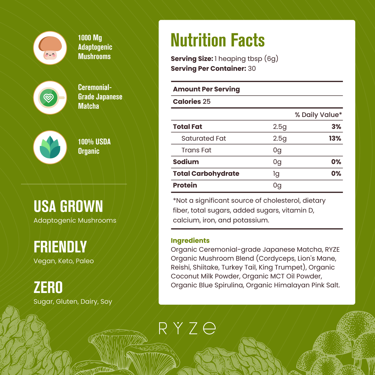 RYZE Mushroom Matcha - with 6 Organic Adaptogenic Mushrooms Grown In USA and Ceremonial-Grade Japanese Matcha - D62X