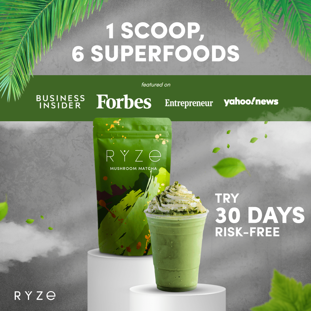 RYZE Mushroom Matcha - with 6 Organic Adaptogenic Mushrooms Grown In USA and Ceremonial-Grade Japanese Matcha - D62X